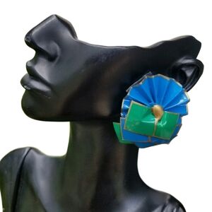 VINTAGE 80s BLUE/GREEN & GOLD RUFFLE DESIGN PAPER MACHE STATEMENT EARRINGS